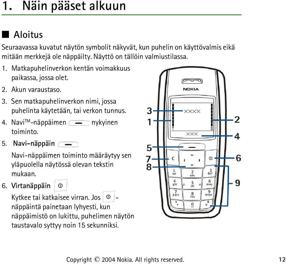 Sen matkapuhelinverkon nimi, jossa puhelinta käytetään, tai verkon tunnus. 4. Navi TM -näppäimen nykyinen toiminto. 5.