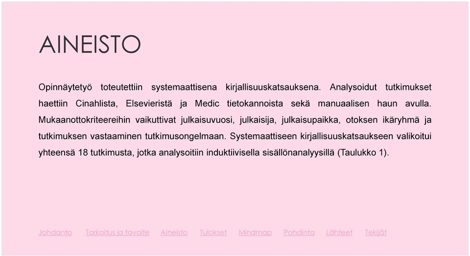 Mukaanottokriteereihin vaikuttivat julkaisuvuosi, julkaisija, julkaisupaikka, otoksen ikäryhmä ja tutkimuksen
