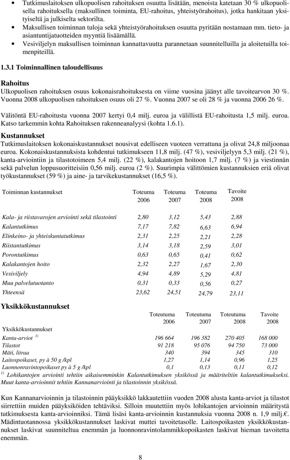 Vesiviljelyn maksullisen toiminnan kannattavuutta parannetaan suunnitelluilla ja aloitetuilla toimenpiteillä. 1.3.