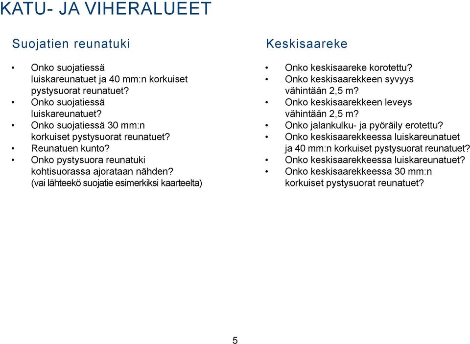 Onko keskisaarekkeen syvyys vähintään 2,5 m? Onko keskisaarekkeen leveys vähintään 2,5 m? Onko jalankulku- ja pyöräily erotettu?