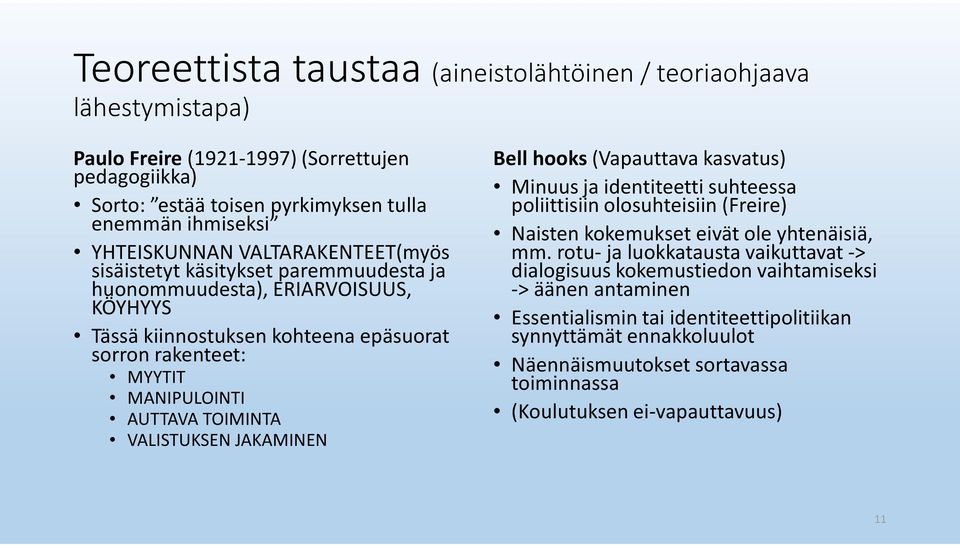 VALISTUKSEN JAKAMINEN Bell hooks (Vapauttava kasvatus) Minuus ja identiteetti suhteessa poliittisiin olosuhteisiin (Freire) Naisten kokemukset eivät ole yhtenäisiä, mm.