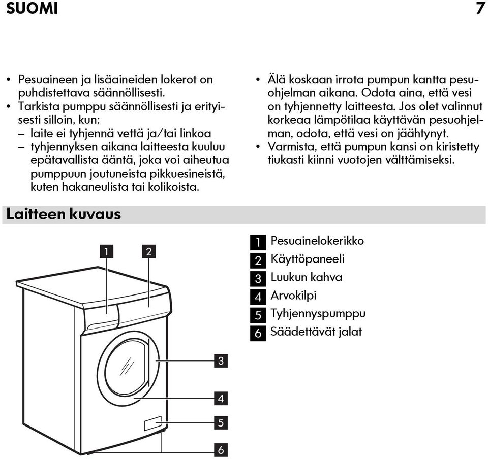 pumppuun joutuneista pikkuesineistä, kuten hakaneulista tai kolikoista. Älä koskaan irrota pumpun kantta pesuohjelman aikana. Odota aina, että vesi on tyhjennetty laitteesta.