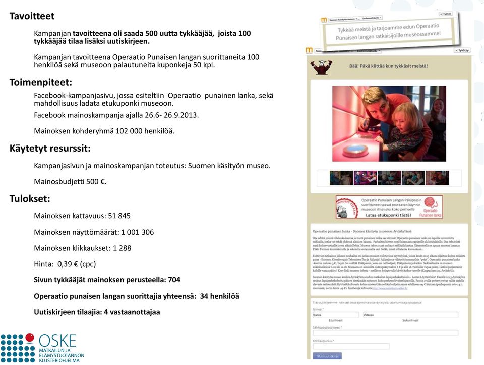 Toimenpiteet: Facebook-kampanjasivu, jossa esiteltiin Operaatio punainen lanka, sekä mahdollisuus ladata etukuponki museoon. Facebook mainoskampanja ajalla 26.6-26.9.2013.