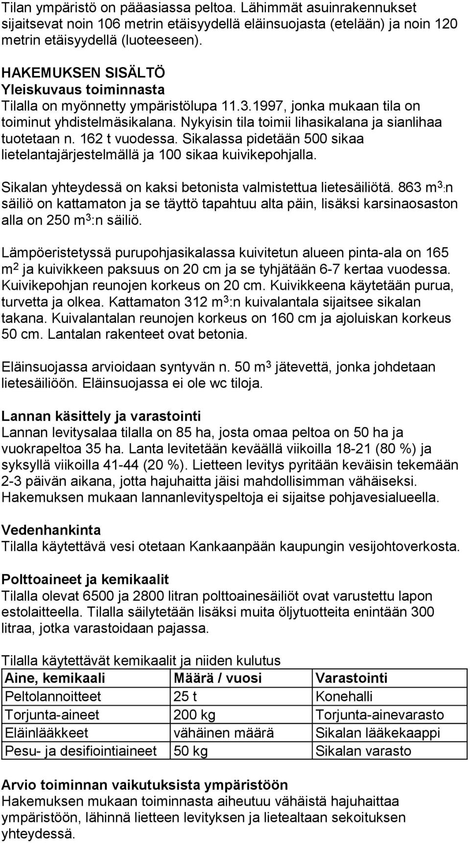 162 t vuodessa. Sikalassa pidetään 500 sikaa lietelantajärjestelmällä ja 100 sikaa kuivikepohjalla. Sikalan yhteydessä on kaksi betonista valmistettua lietesäiliötä.