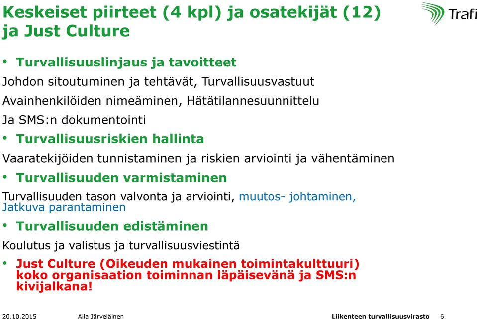 varmistaminen Turvallisuuden tason valvonta ja arviointi, muutos- johtaminen, Jatkuva parantaminen Turvallisuuden edistäminen Koulutus ja valistus ja