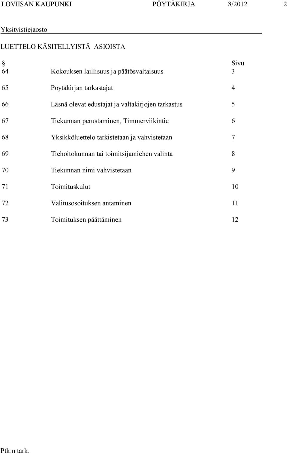 perustaminen, Timmerviikintie 6 68 Yksikköluettelo tarkistetaan ja vahvistetaan 7 69 Tiehoitokunnan tai toimitsijamiehen