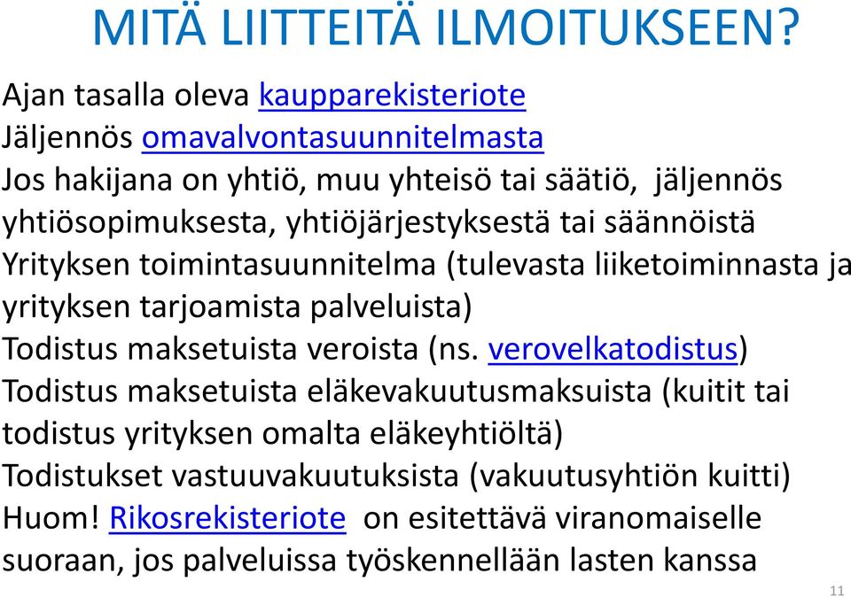 yhtiöjärjestyksestä tai säännöistä Yrityksen toimintasuunnitelma (tulevasta liiketoiminnasta ja yrityksen tarjoamista palveluista) Todistus maksetuista