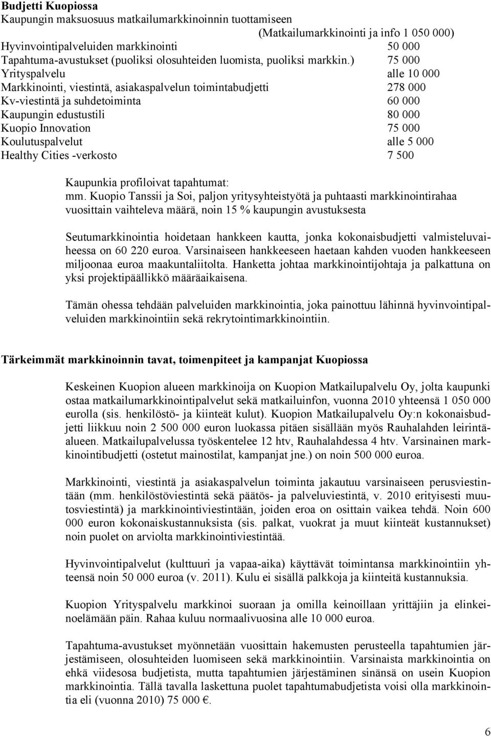 ) 75 000 Yrityspalvelu alle 10 000 Markkinointi, viestintä, asiakaspalvelun toimintabudjetti 278 000 Kv-viestintä ja suhdetoiminta 60 000 Kaupungin edustustili 80 000 Kuopio Innovation 75 000