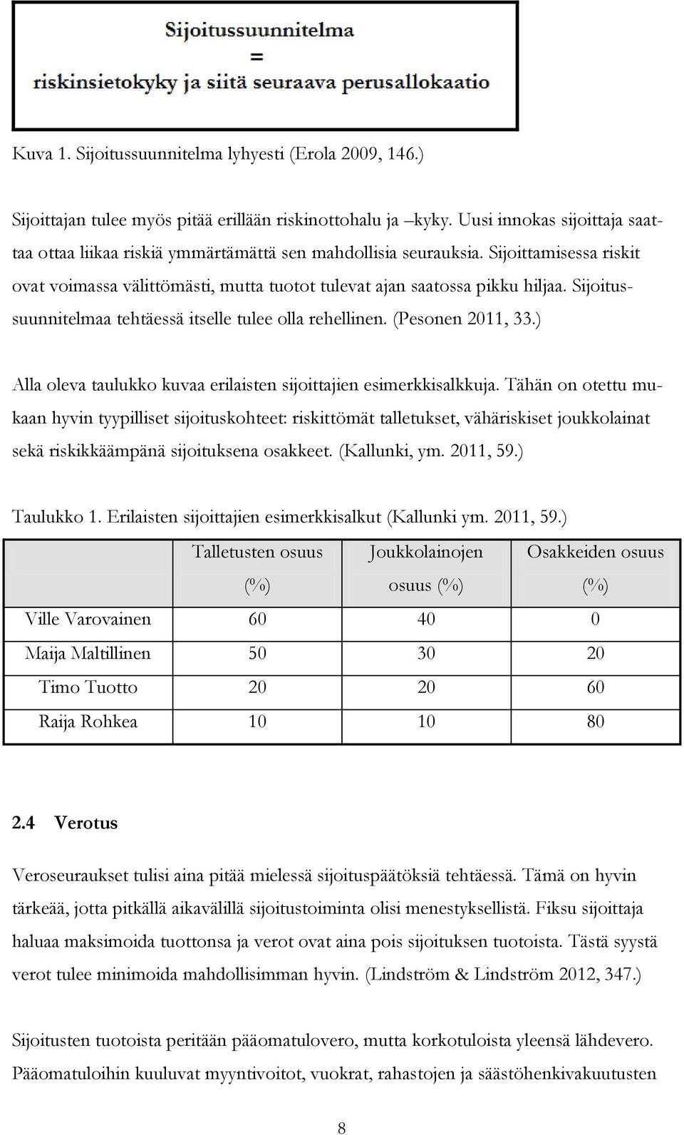 Sijoitussuunnitelmaa tehtäessä itselle tulee olla rehellinen. (Pesonen 2011, 33.) Alla oleva taulukko kuvaa erilaisten sijoittajien esimerkkisalkkuja.