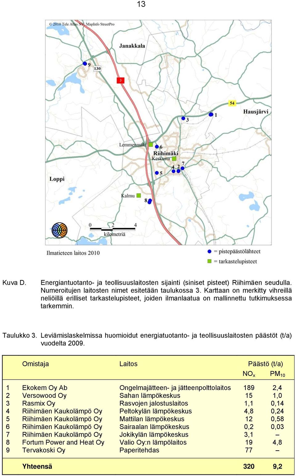 Leviämislaskelmissa huomioidut energiatuotanto- ja teollisuuslaitosten päästöt (t/a) vuodelta 29.