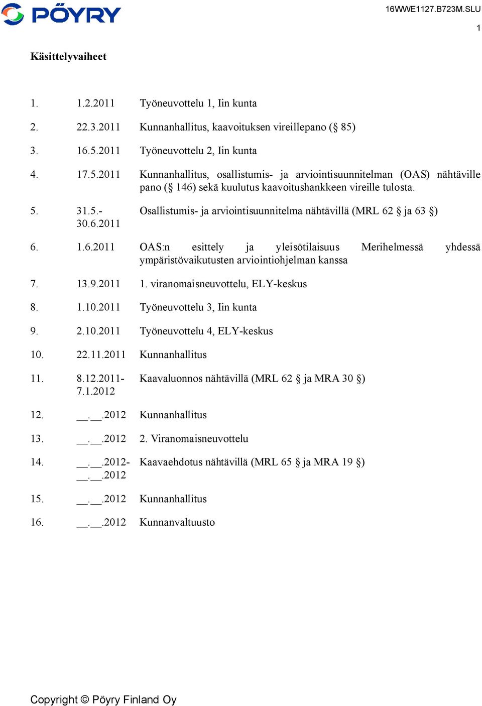 6.2011 Osallistumis- ja arviointisuunnitelma nähtävillä (MRL 62 ja 63 ) 6. 1.6.2011 OAS:n esittely ja yleisötilaisuus Merihelmessä yhdessä ympäristövaikutusten arviointiohjelman kanssa 7. 13.9.2011 1.