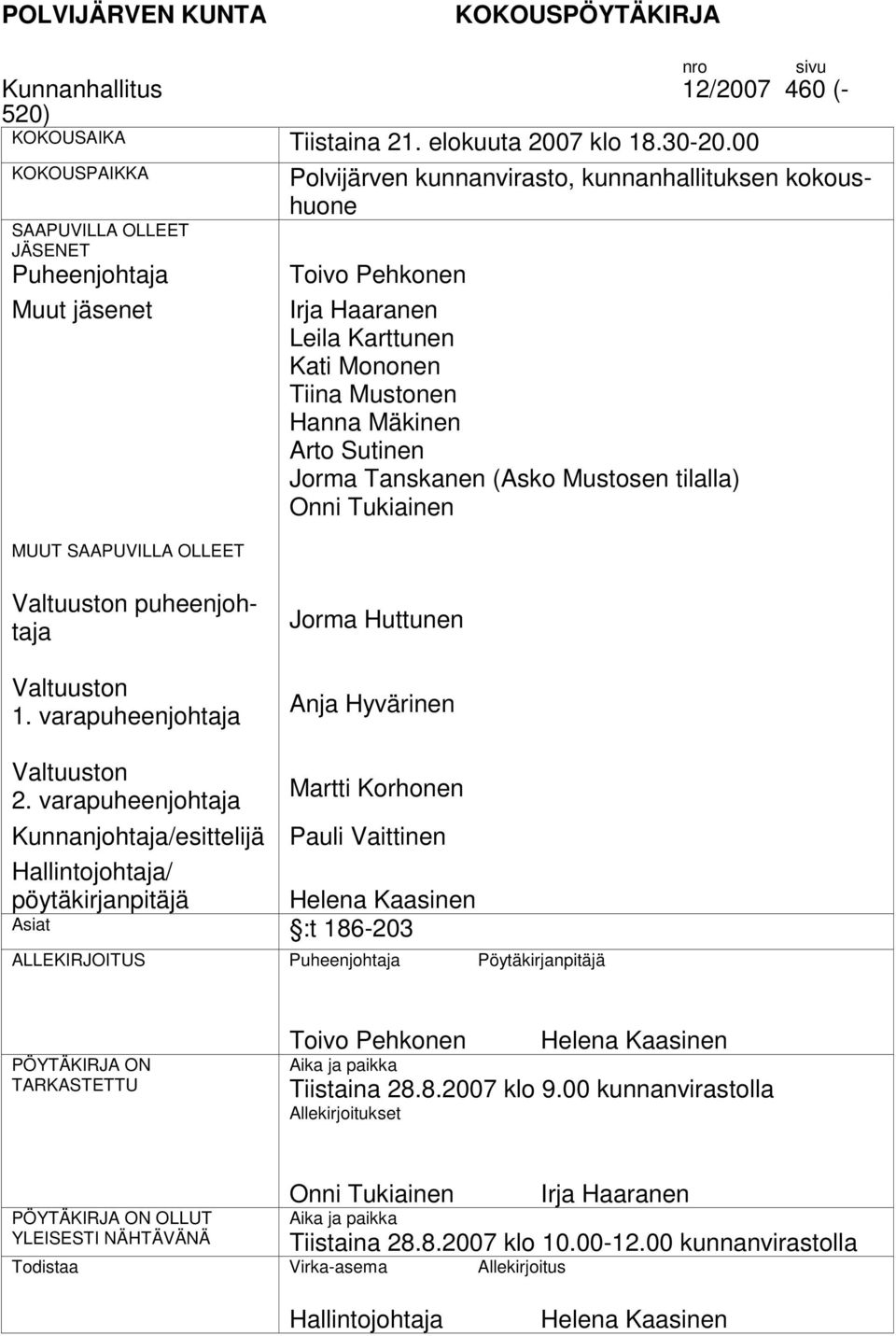 Karttunen Kati Mononen Tiina Mustonen Hanna Mäkinen Arto Sutinen Jorma Tanskanen (Asko Mustosen tilalla) Onni Tukiainen Valtuuston puheenjohtaja Valtuuston 1.