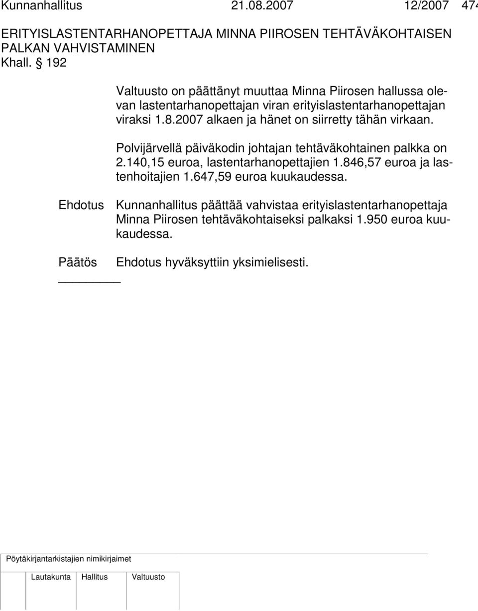 2007 alkaen ja hänet on siirretty tähän virkaan. Polvijärvellä päiväkodin johtajan tehtäväkohtainen palkka on 2.140,15 euroa, lastentarhanopettajien 1.