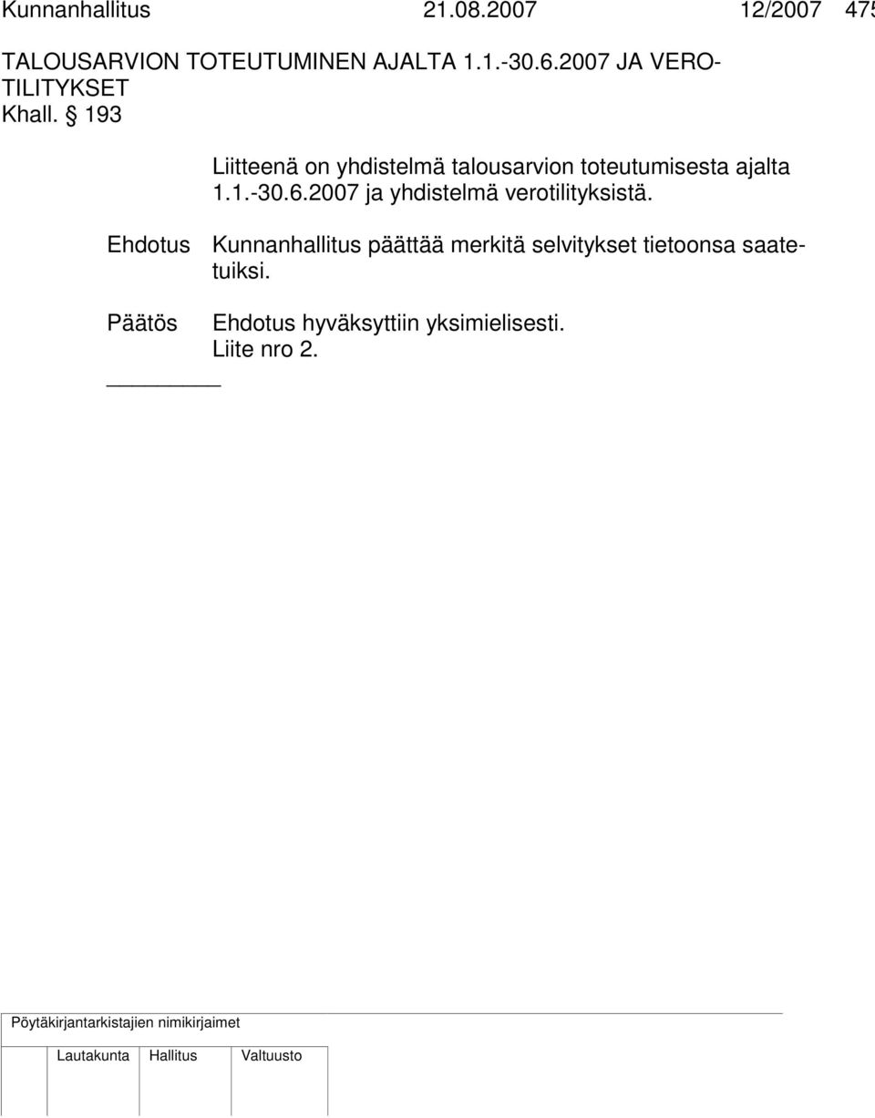 193 Liitteenä on yhdistelmä talousarvion toteutumisesta ajalta 1.1.-30.6.