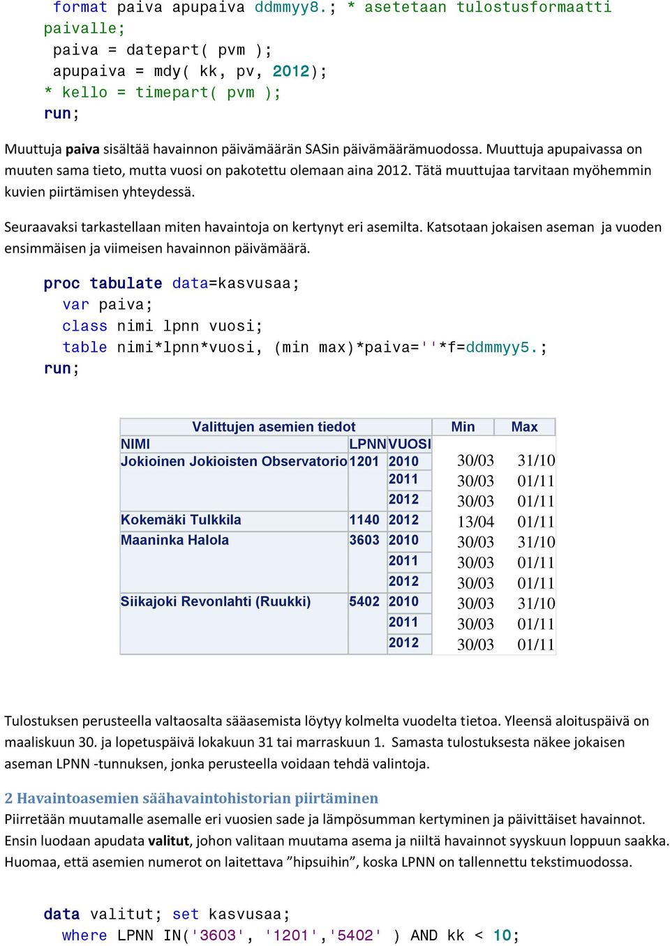 Muuttuja apupaivassa on muuten sama tieto, mutta vuosi on pakotettu olemaan aina 2012. Tätä muuttujaa tarvitaan myöhemmin kuvien piirtämisen yhteydessä.