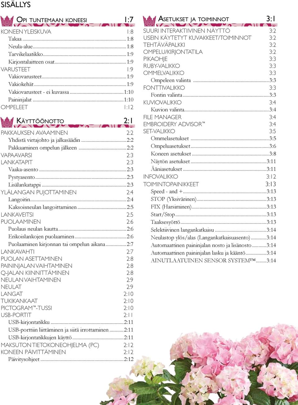 ..2:2 VAPAAVARSI 2:3 LANKATAPIT 2:3 Vaaka-asento...2:3 Pystyasento...2:3 Lisälankatappi...2:3 YLÄLANGAN PUJOTTAMINEN 2:4 Langoitin...2:4 Kaksoisneulan langoittaminen.