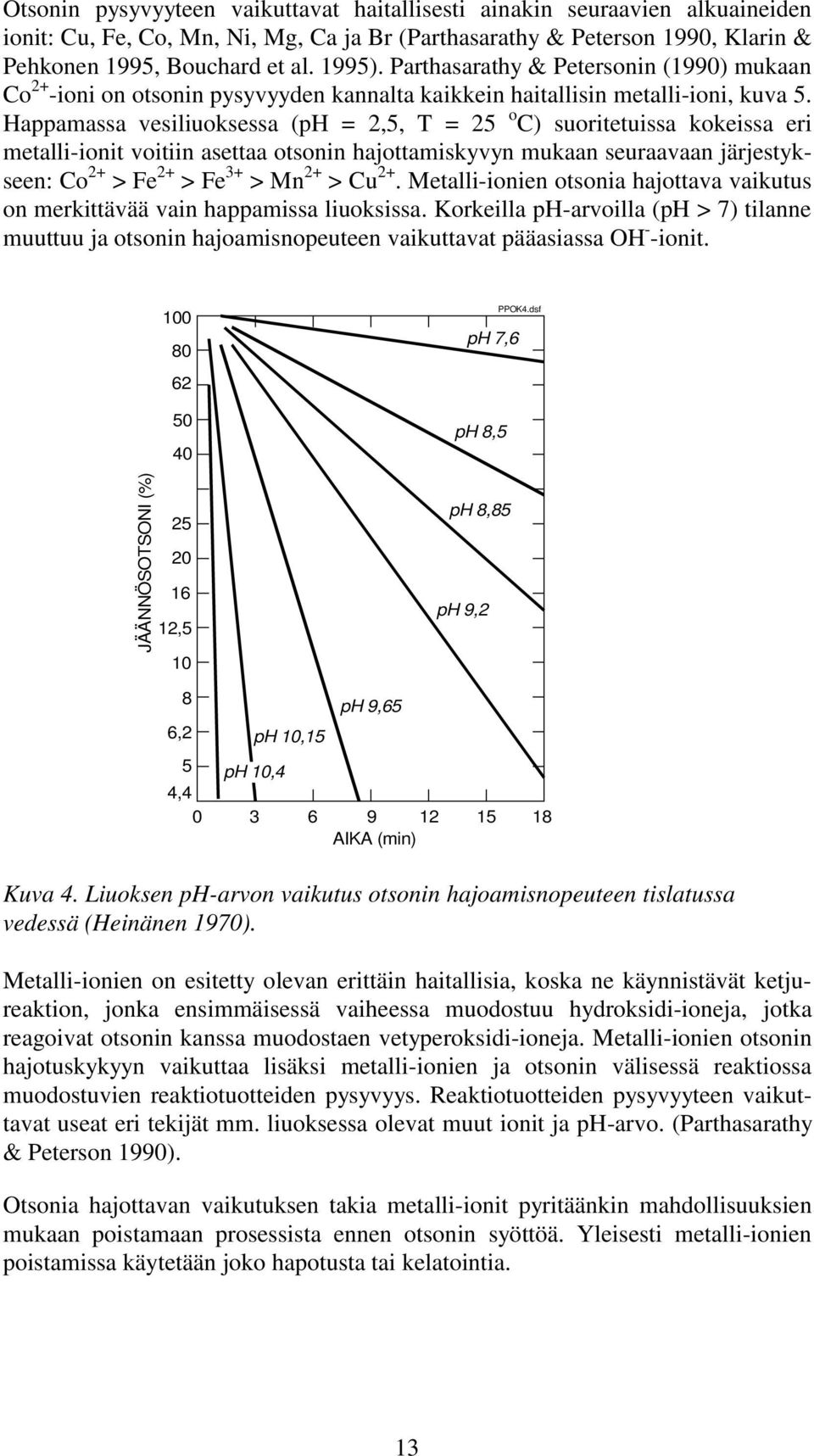 Happamassa vesiliuoksessa (ph = 2,5, T = 25 o C) suoritetuissa kokeissa eri metalliionit voitiin asettaa otsonin hajottamiskyvyn mukaan seuraavaan järjestykseen: Co 2+ > Fe 2+ > Fe 3+ > Mn 2+ > Cu 2+.