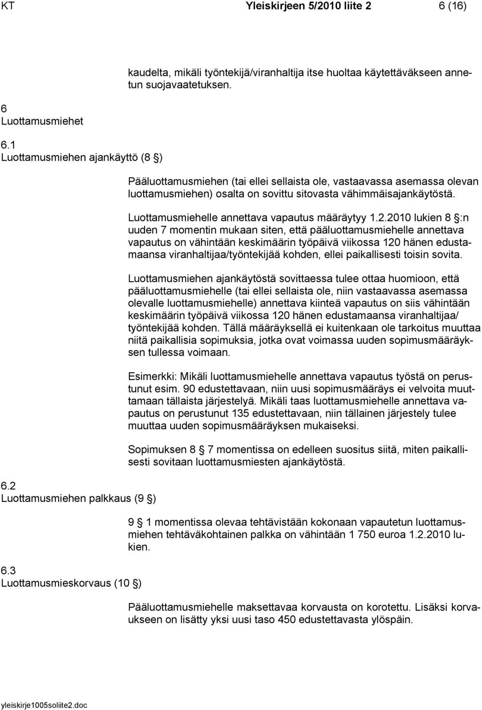 Pääluottamusmiehen (tai ellei sellaista ole, vastaavassa asemassa olevan luottamusmiehen) osalta on sovittu sitovasta vähimmäisajankäytöstä. Luottamusmiehelle annettava vapautus määräytyy 1.2.