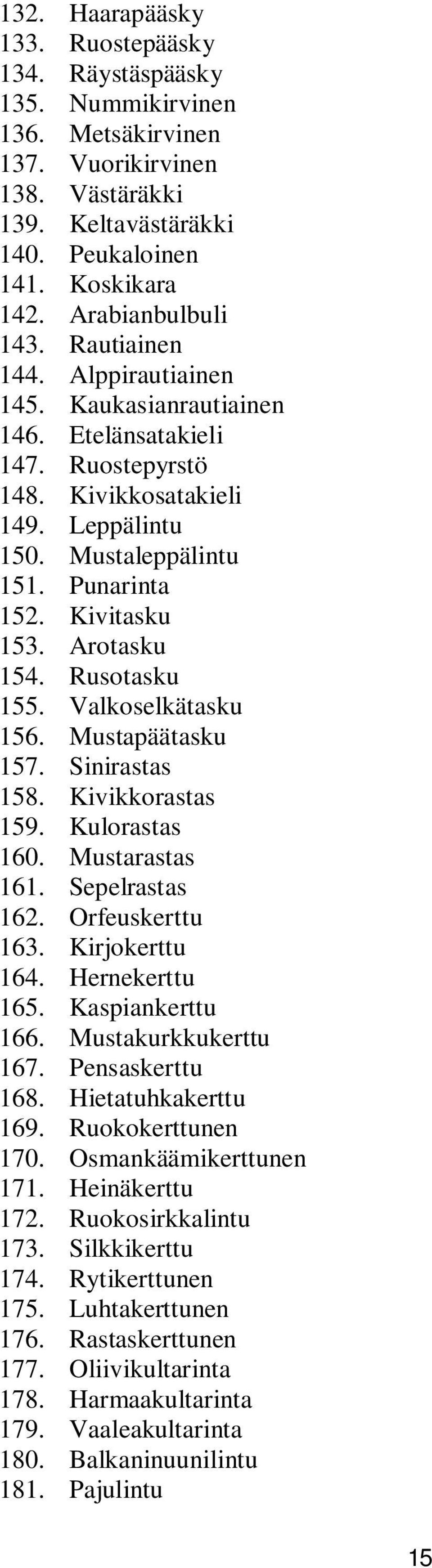 Kivitasku 153. Arotasku 154. Rusotasku 155. Valkoselkätasku 156. Mustapäätasku 157. Sinirastas 158. Kivikkorastas 159. Kulorastas 160. Mustarastas 161. Sepelrastas 162. Orfeuskerttu 163.