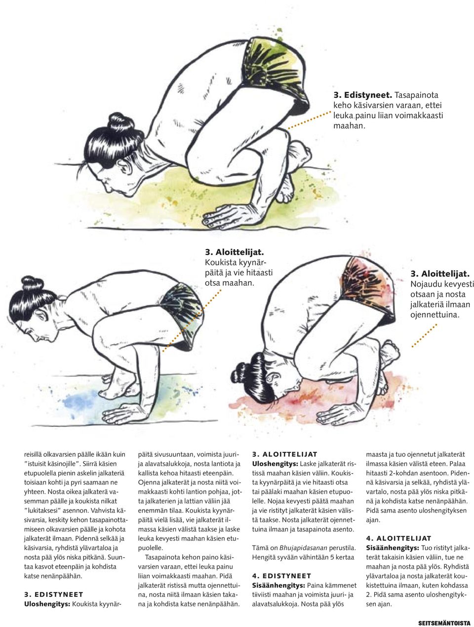 Nosta oikea jalkaterä vasemman päälle ja koukista nilkat lukitaksesi asennon. Vahvista käsivarsia, keskity kehon tasapainottamiseen olkavarsien päälle ja kohota jalkaterät ilmaan.