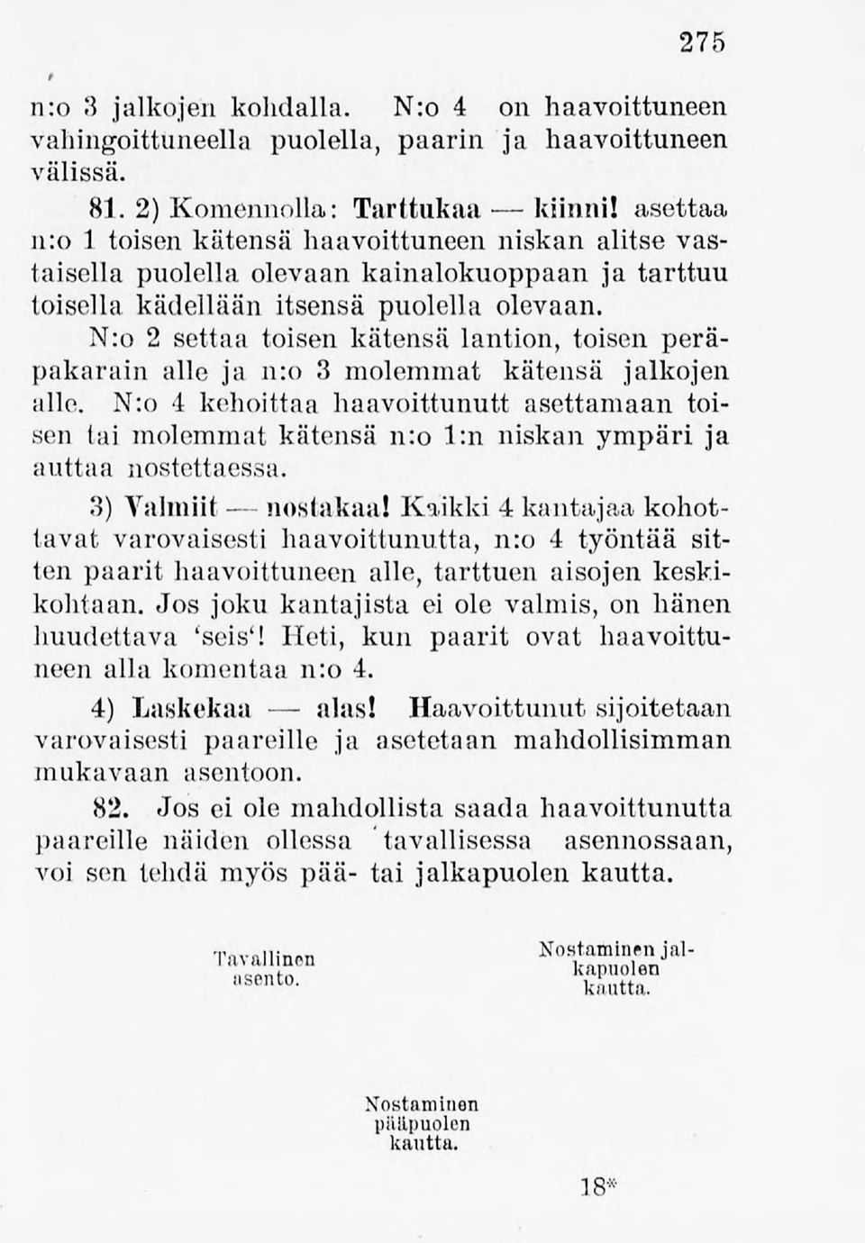 Nro 2 settaa toisen kätensä lantion, toisen peräpakarain alle ja nro 3 molemmat kätensä jalkojen alle.
