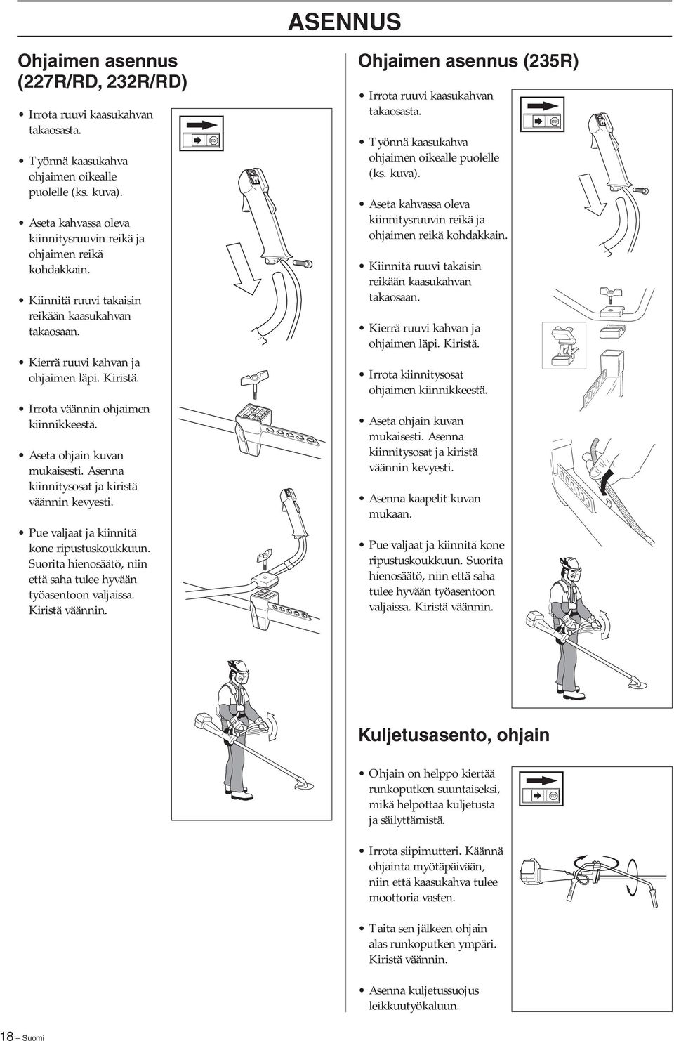 Irrota väännin ohjaimen kiinnikkeestä. Aseta ohjain kuvan mukaisesti. Asenna kiinnitysosat ja kiristä väännin kevyesti. Pue valjaat ja kiinnitä kone ripustuskoukkuun.