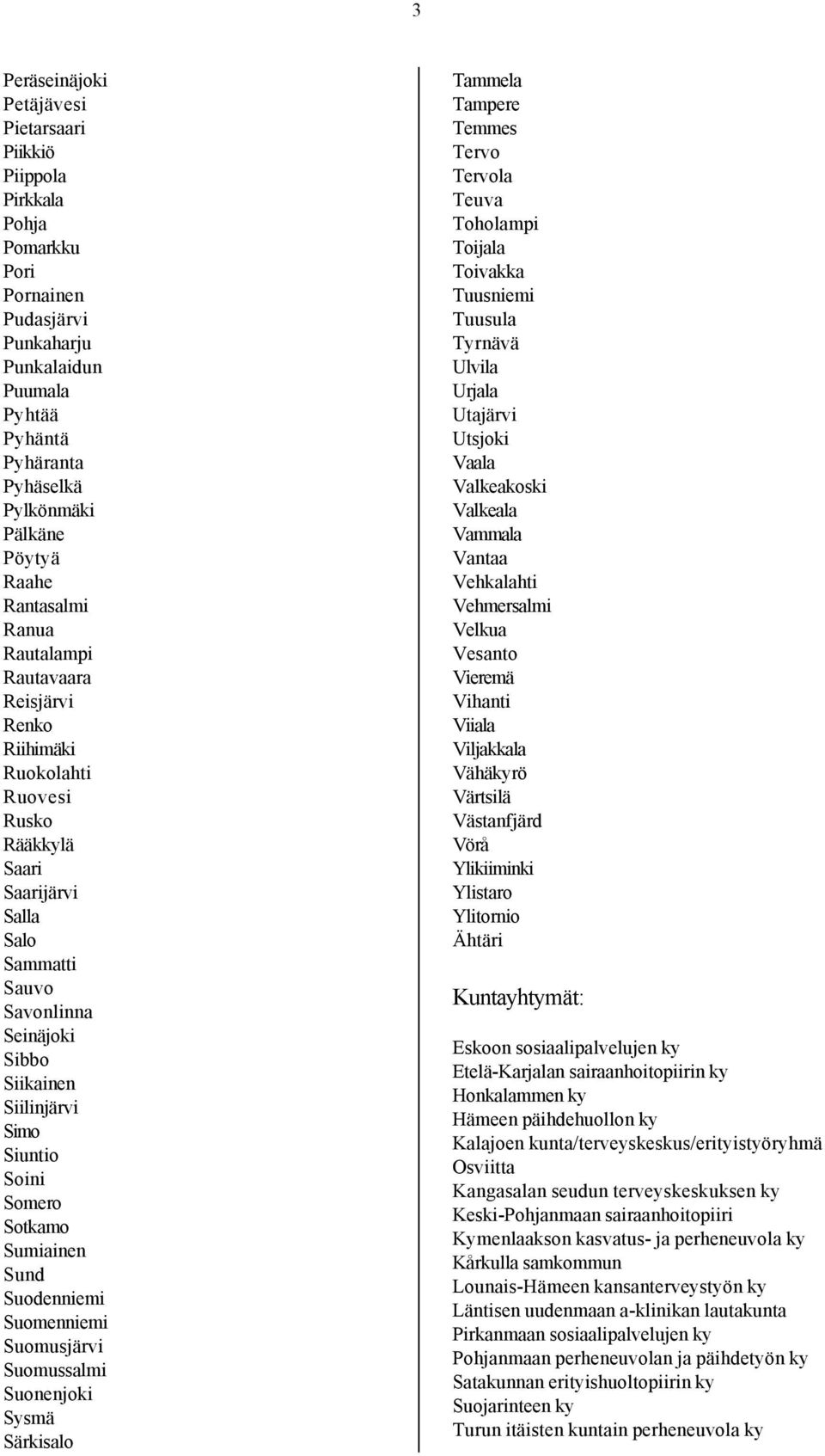 Simo Siuntio Soini Somero Sotkamo Sumiainen Sund Suodenniemi Suomenniemi Suomusjärvi Suomussalmi Suonenjoki Sysmä Särkisalo Tammela Tampere Temmes Tervo Tervola Teuva Toholampi Toijala Toivakka