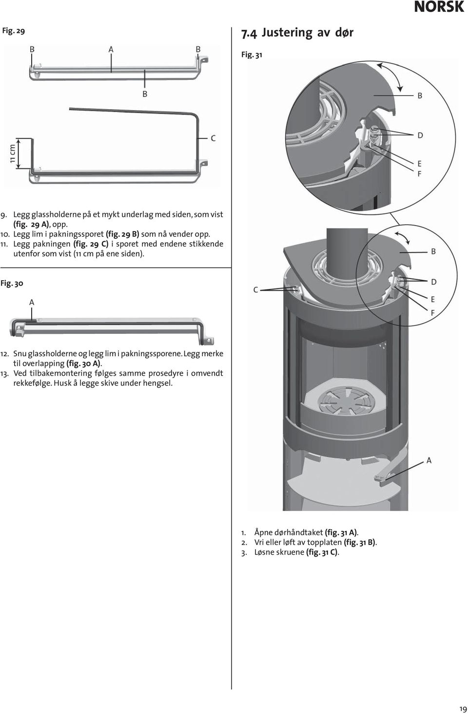 29 C) i sporet med endene stikkende utenfor som vist (11 cm på ene siden). Fig. 30 12. Snu glassholderne og legg lim i pakningssporene.