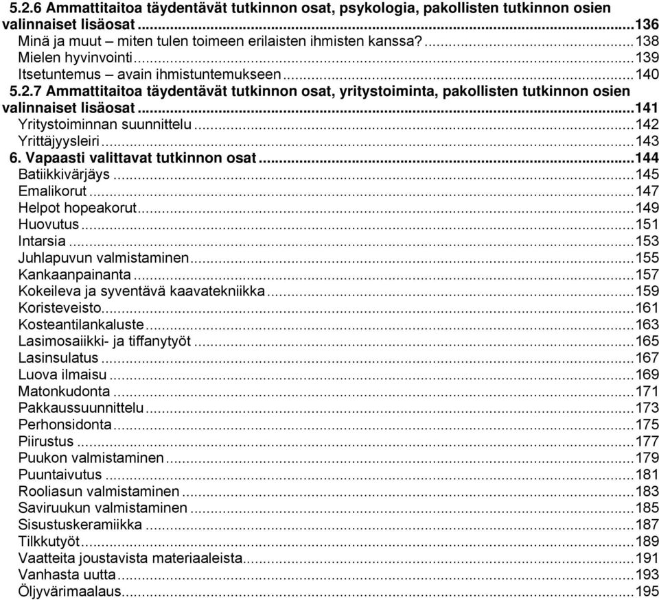 .. 142 Yrittäjyysleiri... 143 6. Vapaasti valittavat tutkinnon osat... 144 Batiikkivärjäys... 145 Emalikorut... 147 Helpot hopeakorut... 149 Huovutus... 151 Intarsia... 153 Juhlapuvun valmistaminen.