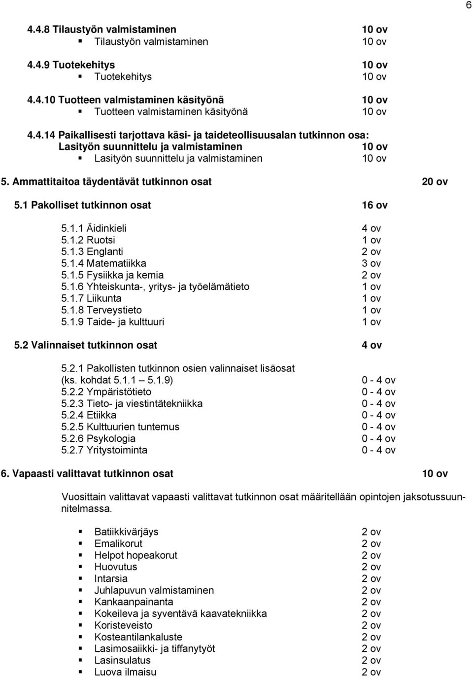 Ammattitaitoa täydentävät tutkinnon osat 20 ov 5.1 Pakolliset tutkinnon osat 16 ov 5.1.1 Äidinkieli 4 ov 5.1.2 Ruotsi 1 ov 5.1.3 Englanti 2 ov 5.1.4 Matematiikka 3 ov 5.1.5 Fysiikka ja kemia 2 ov 5.1.6 Yhteiskunta-, yritys- ja työelämätieto 1 ov 5.