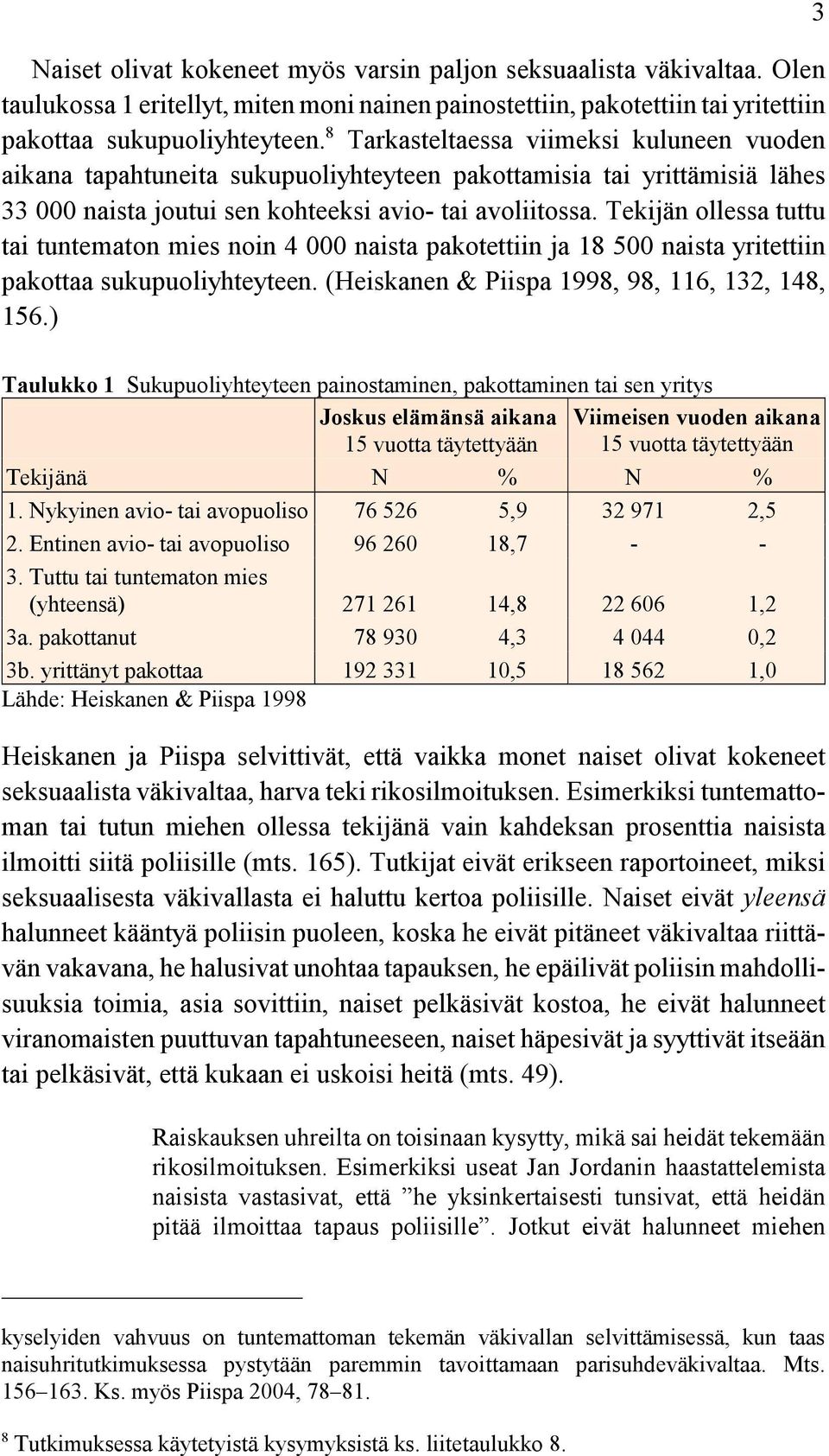 Tekijän ollessa tuttu tai tuntematon mies noin 4 000 naista pakotettiin ja 18 500 naista yritettiin pakottaa sukupuoliyhteyteen. (Heiskanen & Piispa 1998, 98, 116, 132, 148, 156.