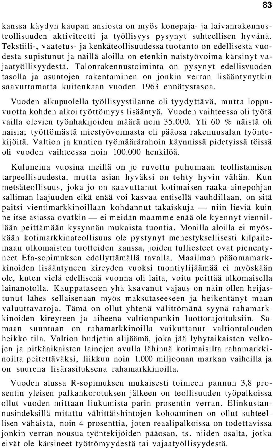 Talonrakennustoiminta on pysynyt edellisvuoden tasolla ja asuntojen rakentaminen on jonkin verran lisääntynytkin saavuttamatta kuitenkaan vuoden 1963 ennätystasoa.