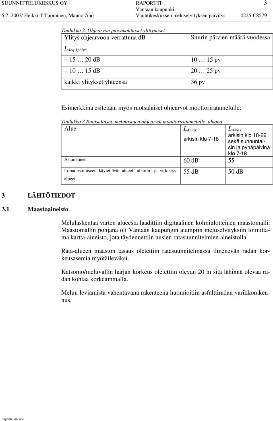 esitetään myös ruotsalaiset ohjearvot moottoriratamelulle: Taulukko 3.