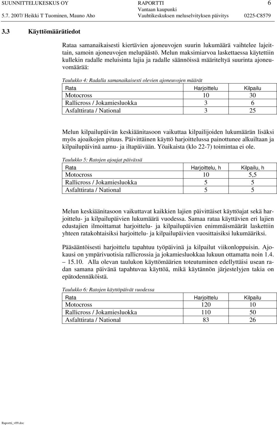 Melun maksimiarvoa laskettaessa käytettiin kullekin radalle meluisinta lajia ja radalle säännöissä määriteltyä suurinta ajoneuvomäärää: Taulukko 4: Radalla samanaikaisesti olevien ajoneuvojen määrät