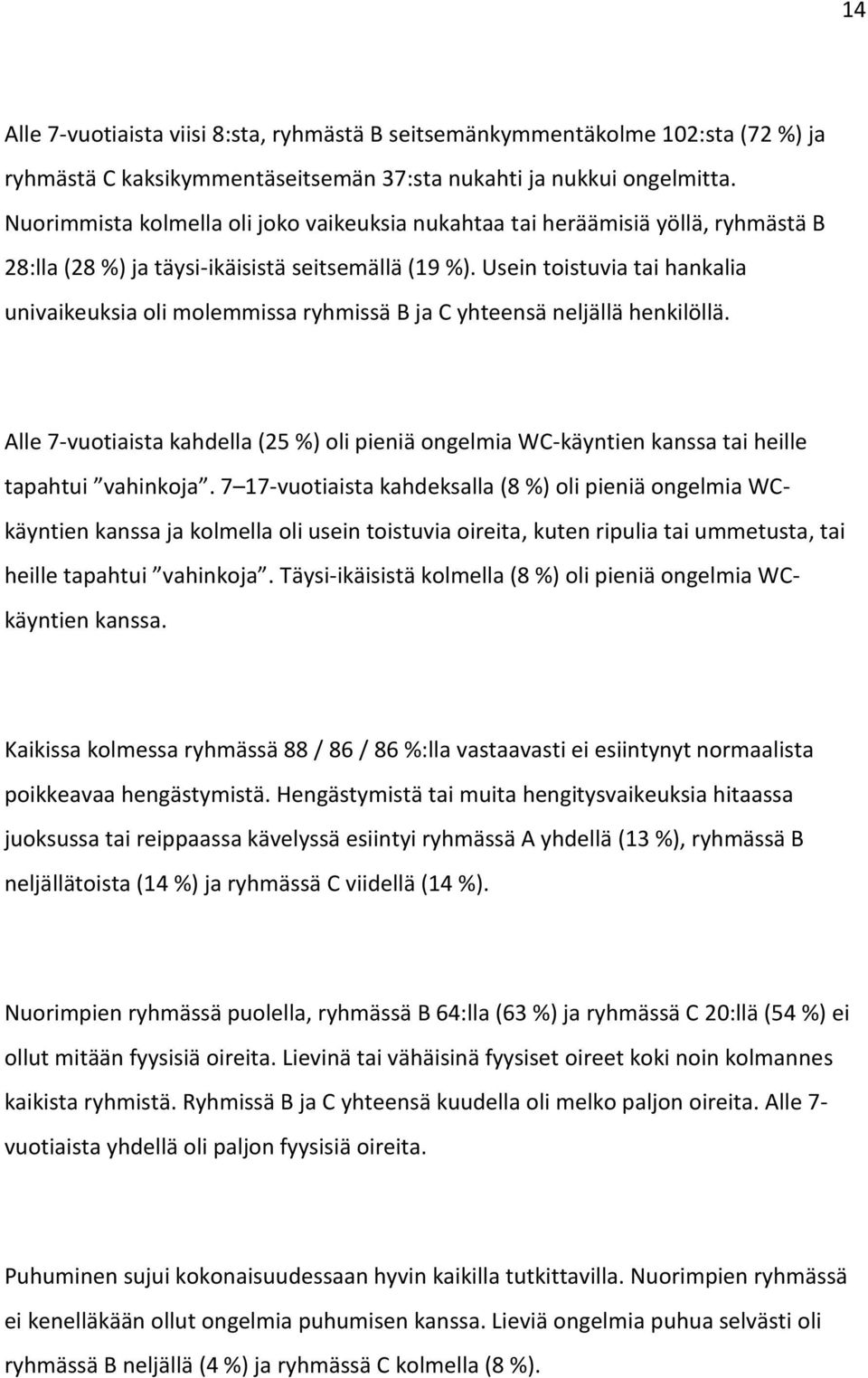 Usein toistuvia tai hankalia univaikeuksia oli molemmissa ryhmissä B ja C yhteensä neljällä henkilöllä.