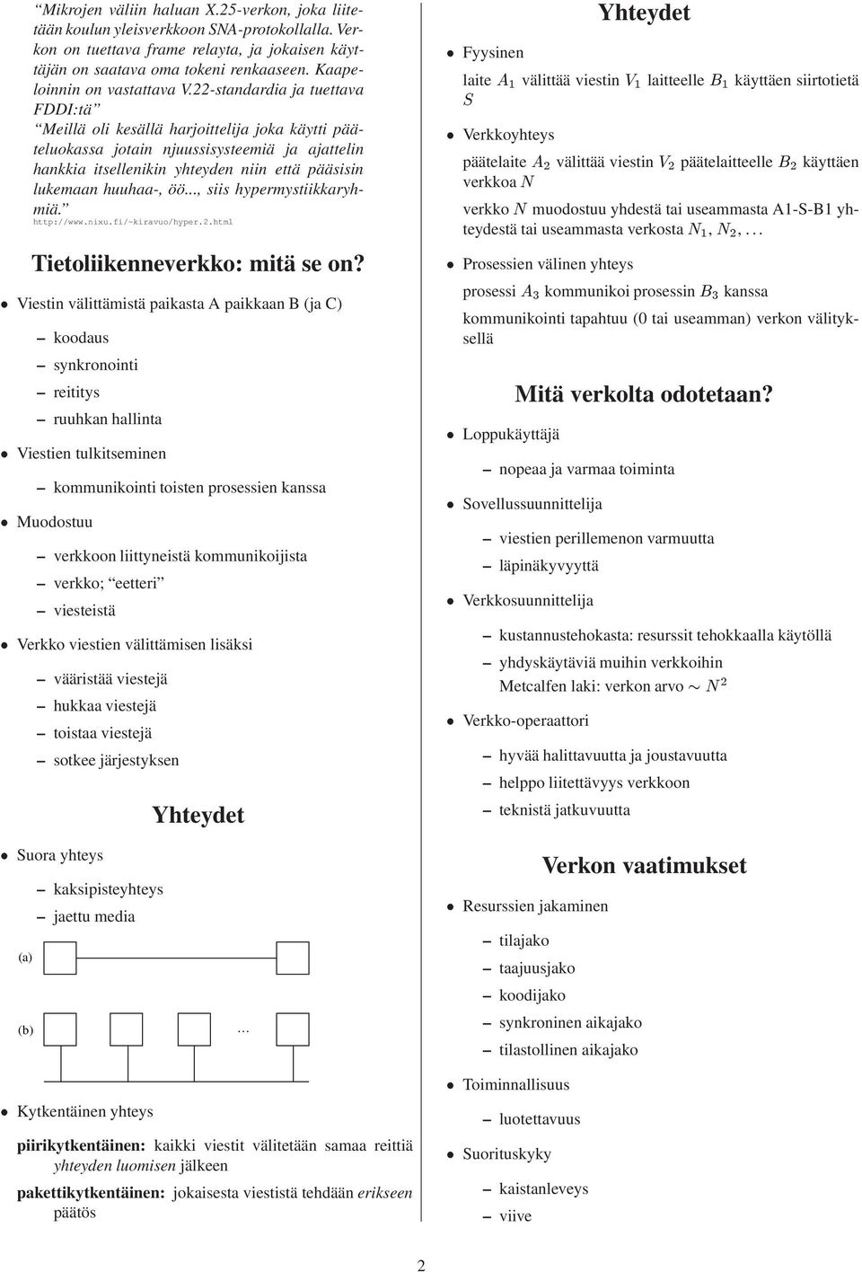 22-standardia ja tuettava FDDI:tä Meillä oli kesällä harjoittelija joka käytti pääteluokassa jotain njuussisysteemiä ja ajattelin hankkia itsellenikin yhteyden niin että pääsisin lukemaan huuhaa-, öö.