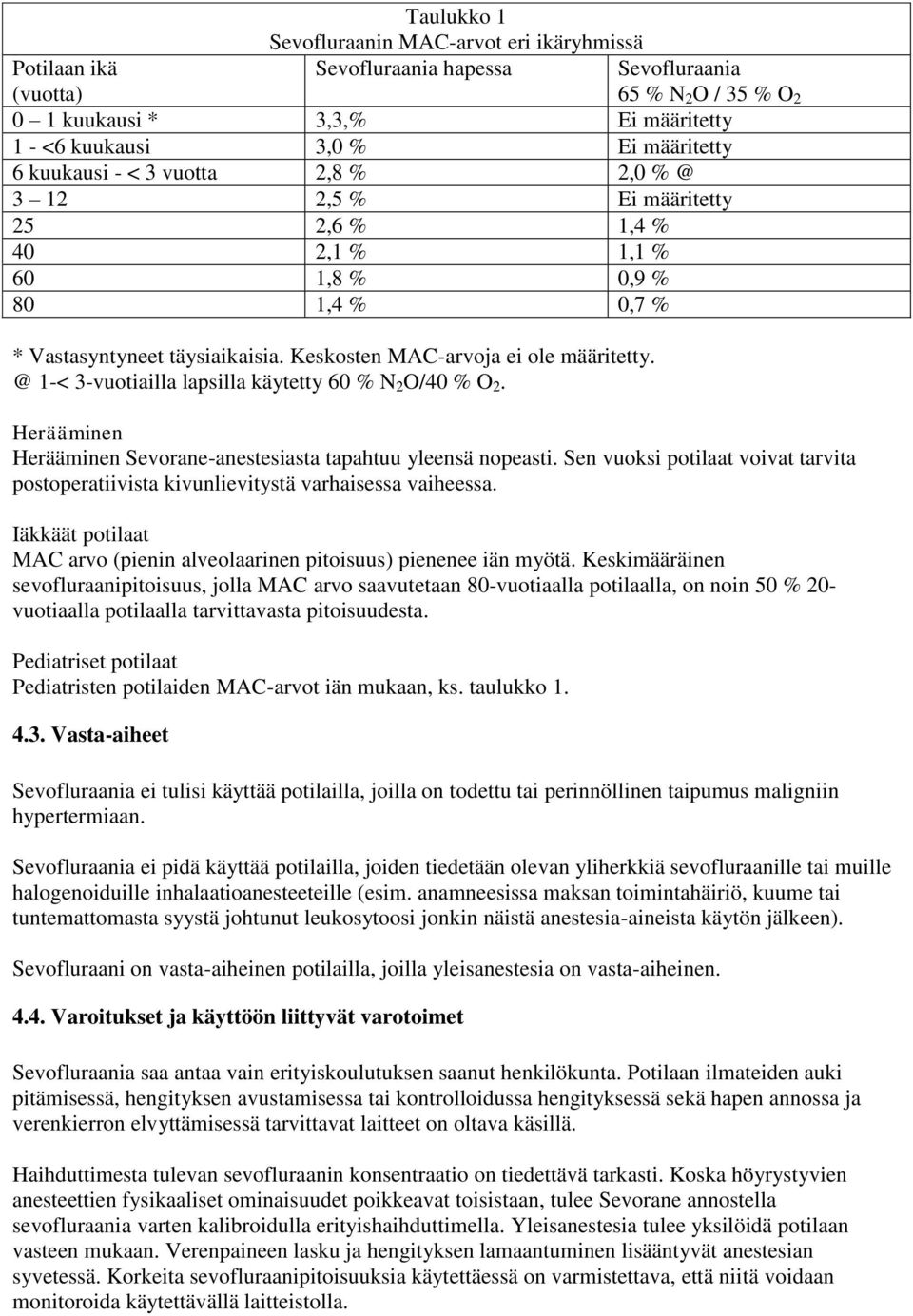 @ 1-< 3-vuotiailla lapsilla käytetty 60 % N 2 O/40 % O 2. Sevofluraania 65 % N 2 O / 35 % O 2 Herääminen Herääminen Sevorane-anestesiasta tapahtuu yleensä nopeasti.