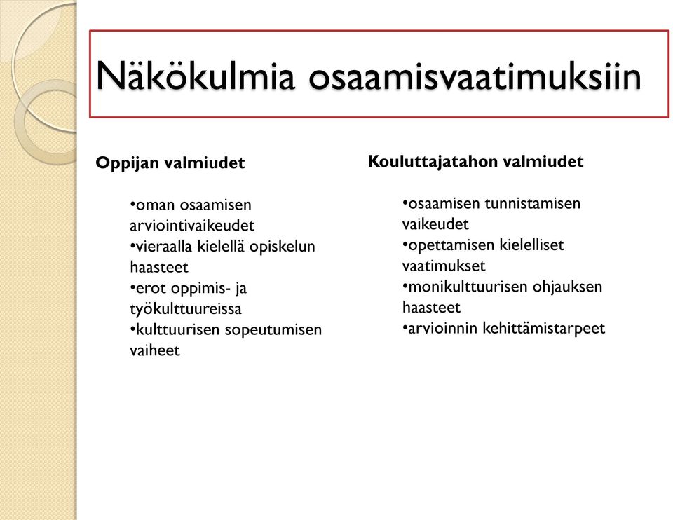 sopeutumisen vaiheet Kouluttajatahon valmiudet osaamisen tunnistamisen vaikeudet