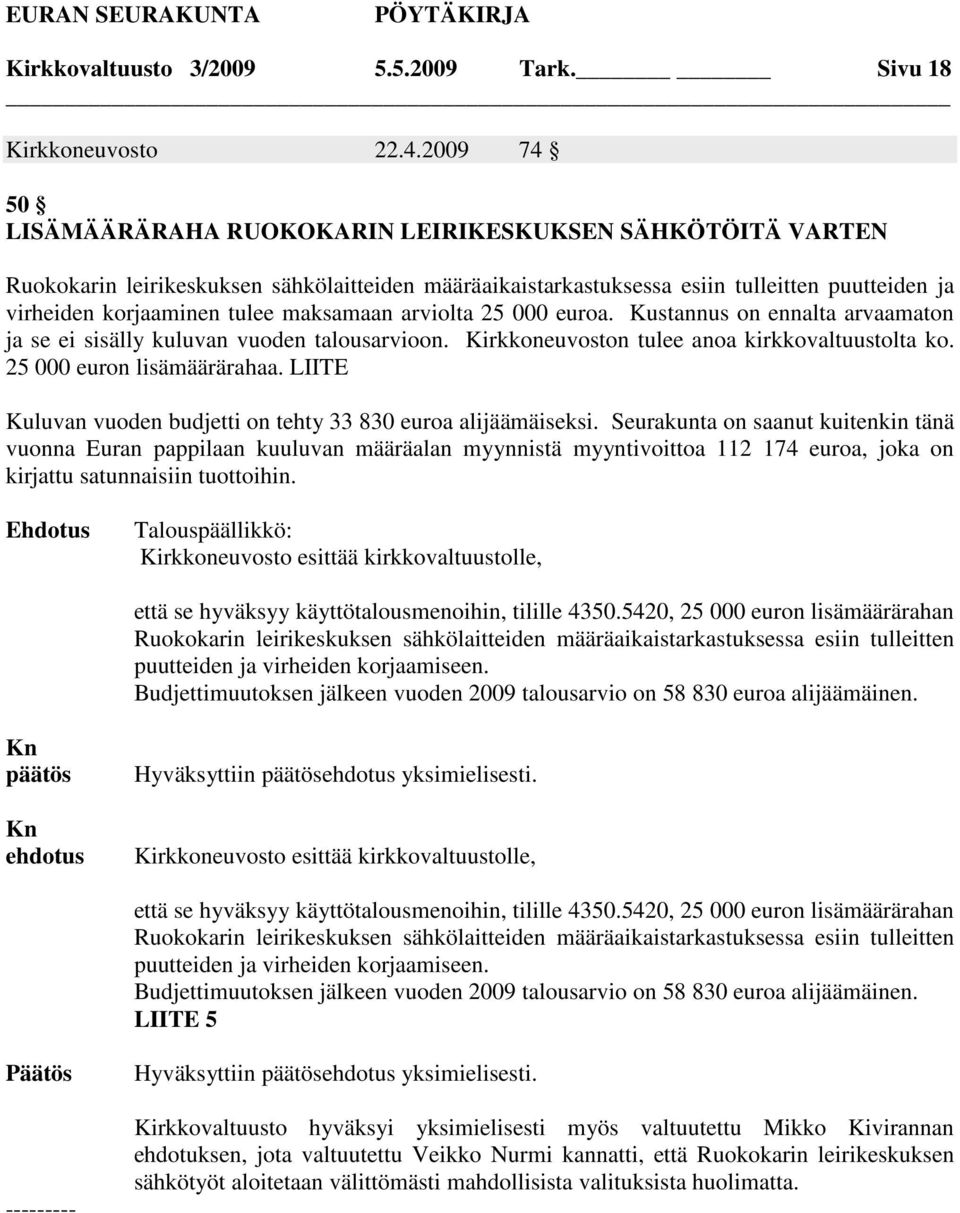 maksamaan arviolta 25 000 euroa. Kustannus on ennalta arvaamaton ja se ei sisälly kuluvan vuoden talousarvioon. Kirkkoneuvoston tulee anoa kirkkovaltuustolta ko. 25 000 euron lisämäärärahaa.