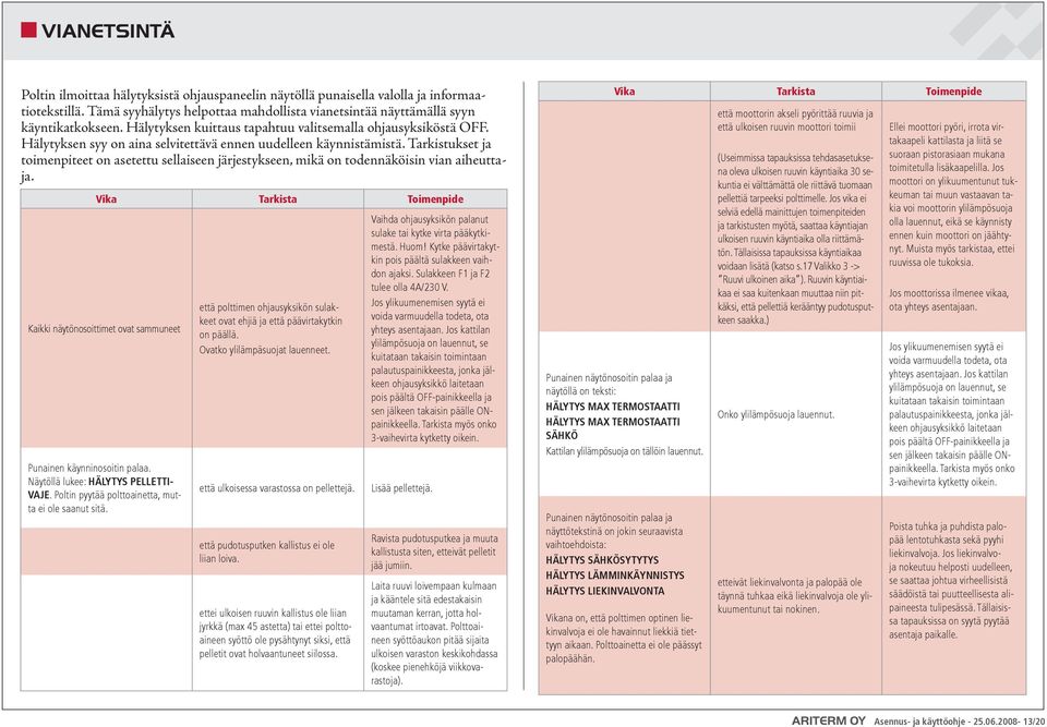 Tarkistukset ja toimenpiteet on asetettu sellaiseen järjestykseen, mikä on todennäköisin vian aiheuttaja. Vika Tarkista Toimenpide Kaikki näytönosoittimet ovat sammuneet Punainen käynninosoitin palaa.