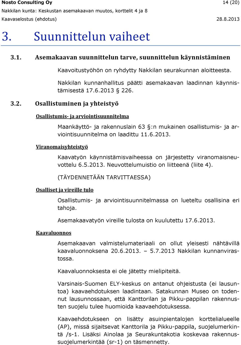 13 226. 3.2. Osallistuminen ja yhteistyö Osallistumis- ja arviointisuunnitelma Maankäyttö- ja rakennuslain 63 :n mukainen osallistumis- ja arviointisuunnitelma on laadittu 11.6.2013.