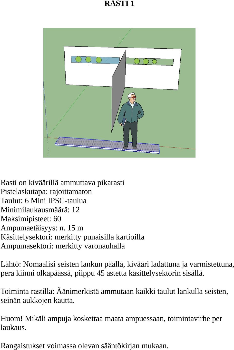 15 m Lähtö: Nomaalisi seisten lankun päällä, kivääri ladattuna ja varmistettuna, perä kiinni olkapäässä, piippu 45