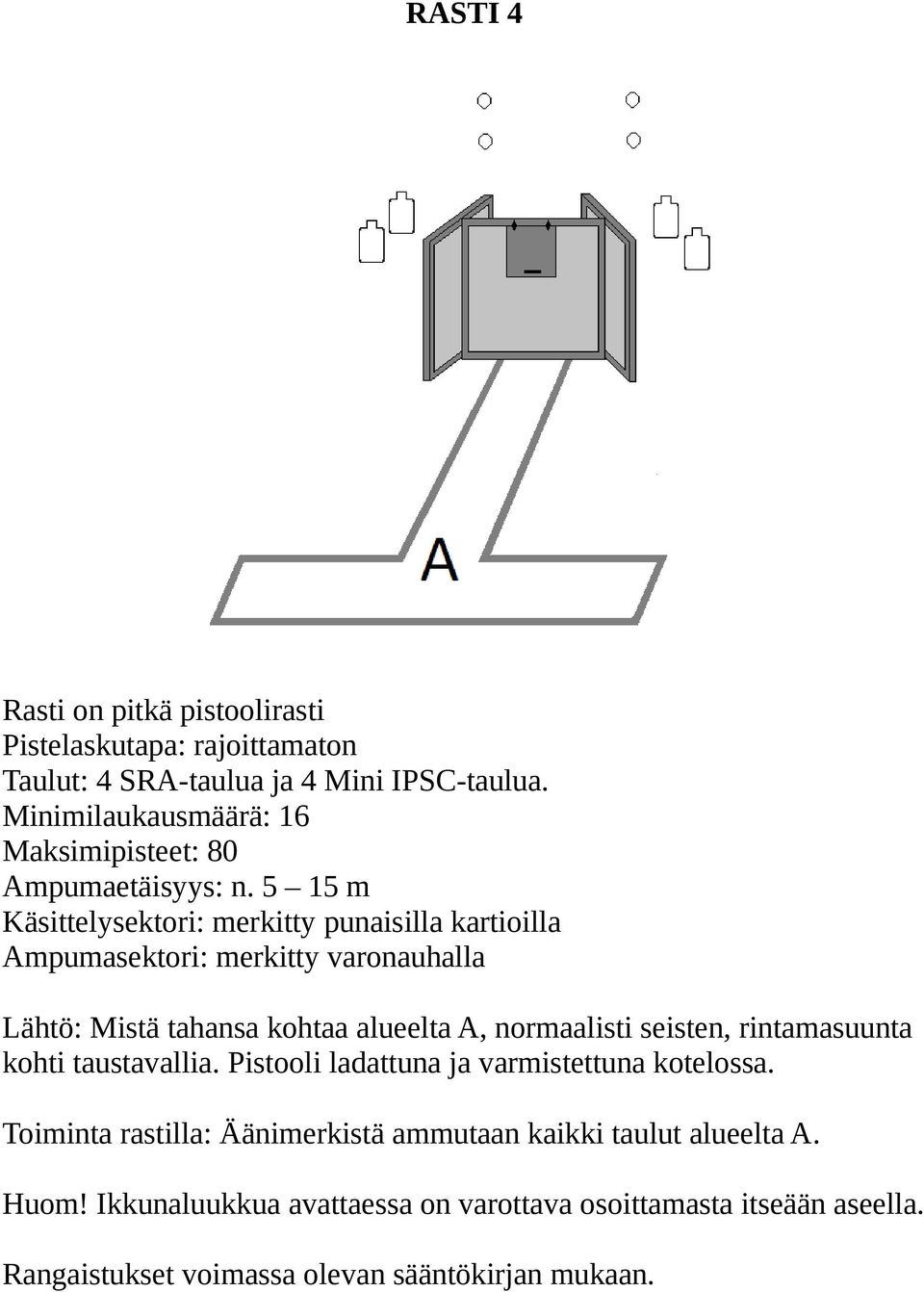 5 15 m Lähtö: Mistä tahansa kohtaa alueelta A, normaalisti seisten, rintamasuunta kohti taustavallia.