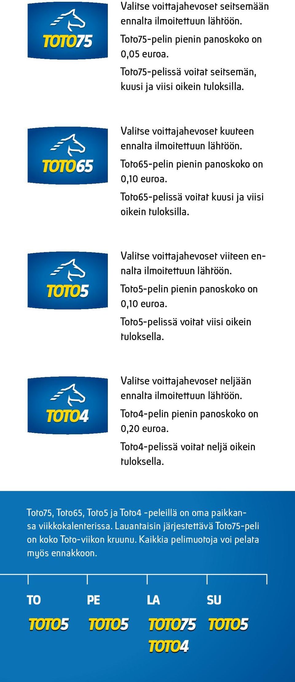 Valitse voittajahevoset viiteen ennalta ilmoitettuun lähtöön. Toto5-pelin pienin panoskoko on 0,10 euroa. Toto5-pelissä voitat viisi oikein tuloksella.