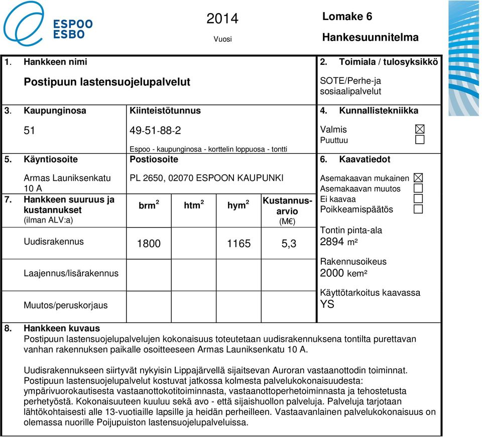 Hankkeen suuruus ja kustannukset (ilman ALV:a) PL 2650, 02070 ESPOON KAUPUNKI brm 2 htm 2 hym 2 Kustannusarvio (M ) Uudisrakennus 1800 1165 5,3 Laajennus/lisärakennus Muutos/peruskorjaus Asemakaavan