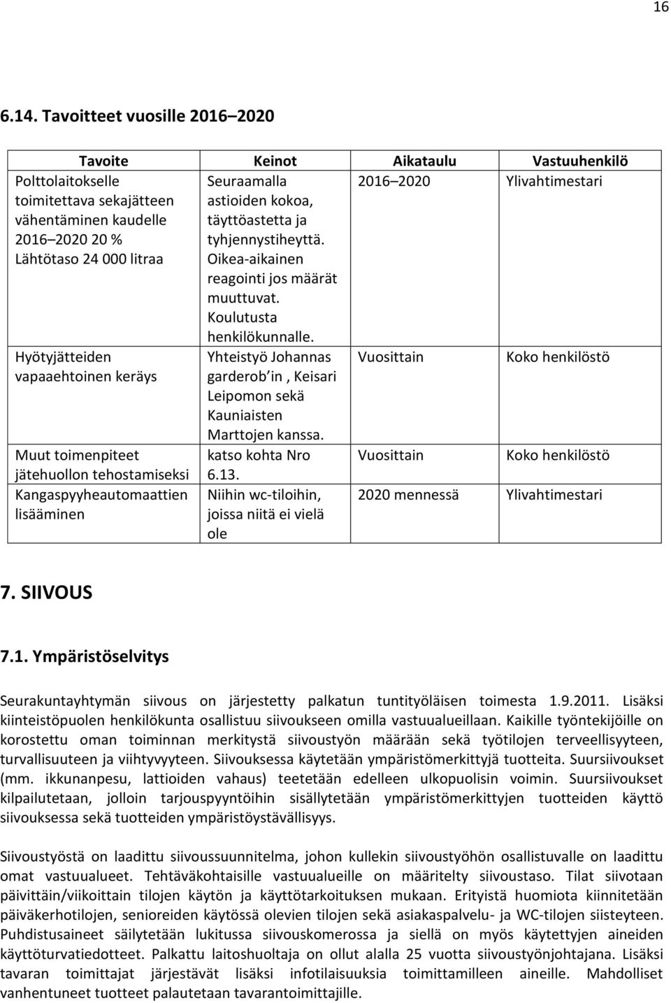 kokoa, täyttöastetta ja tyhjennystiheyttä. Oikea-aikainen reagointi jos määrät muuttuvat. Koulutusta henkilökunnalle.