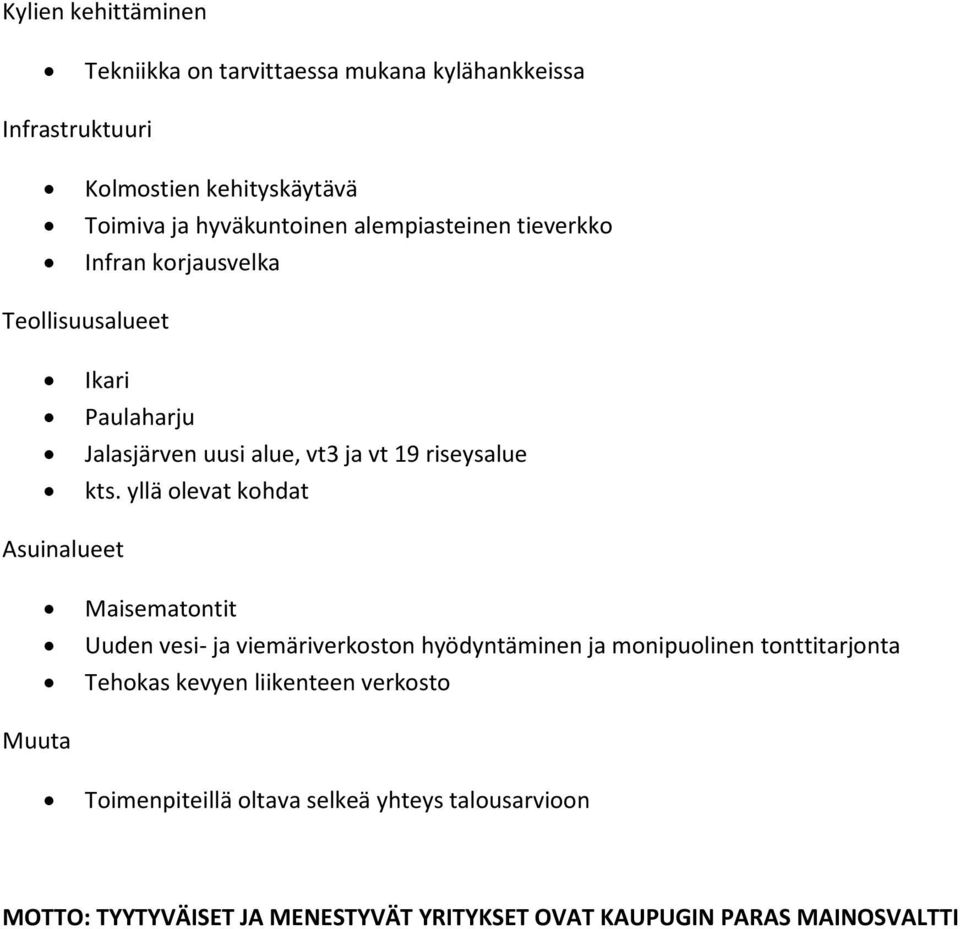 yllä olevat kohdat Asuinalueet Maisematontit Uuden vesi- ja viemäriverkoston hyödyntäminen ja monipuolinen tonttitarjonta Tehokas kevyen