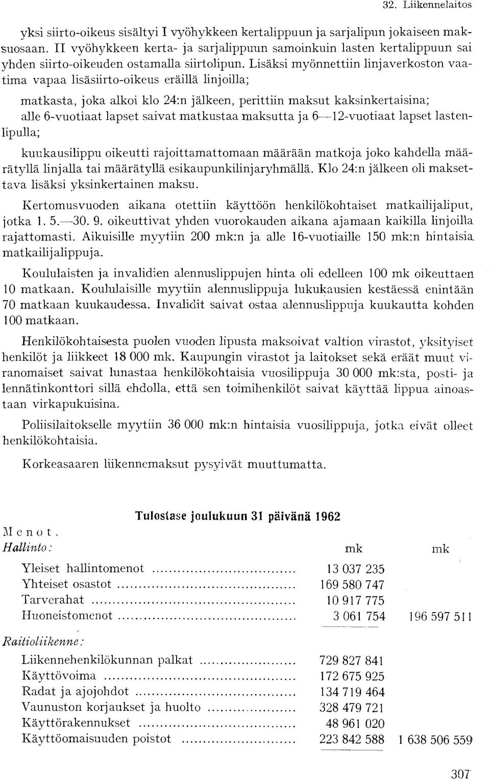 Lisäksi myönnettiin linjaverkoston vaatima vapaa lisäsiirto-oikeus eräillä linjoilla; matkasta, joka alkoi klo 24:n jälkeen, perittiin maksut kaksinkertaisina; alle 6-vuotiaat lapset saivat matkustaa