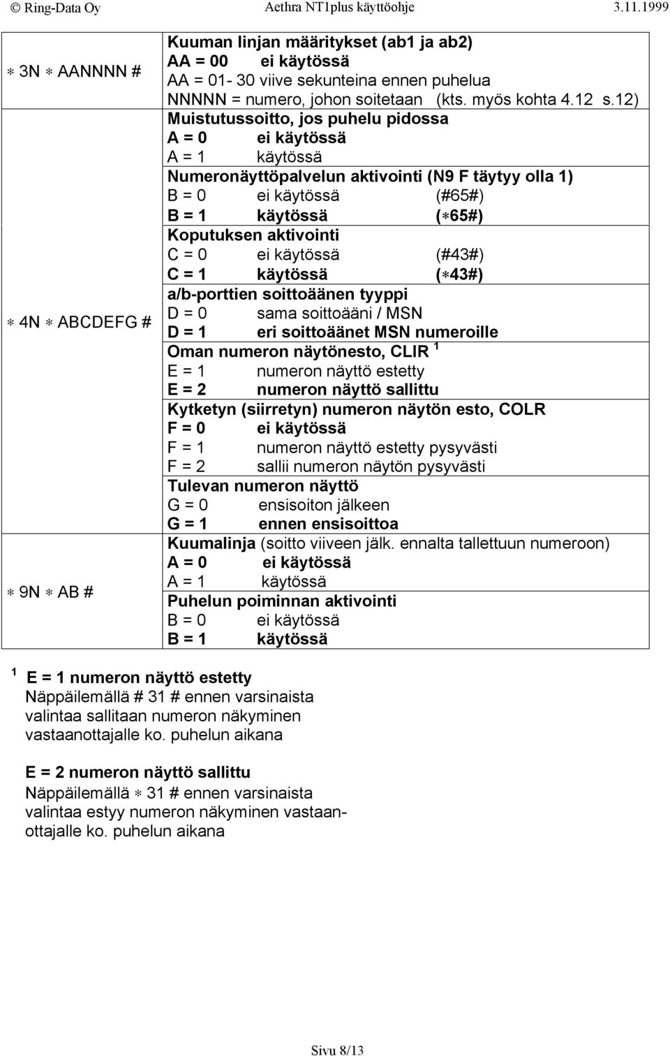 0 ei käytössä (#43#) C = 1 käytössä ( 43#) a/b-porttien soittoäänen tyyppi D = 0 sama soittoääni / MSN D = 1 eri soittoäänet MSN numeroille Oman numeron näytönesto, CLIR 1 E = 1 numeron näyttö