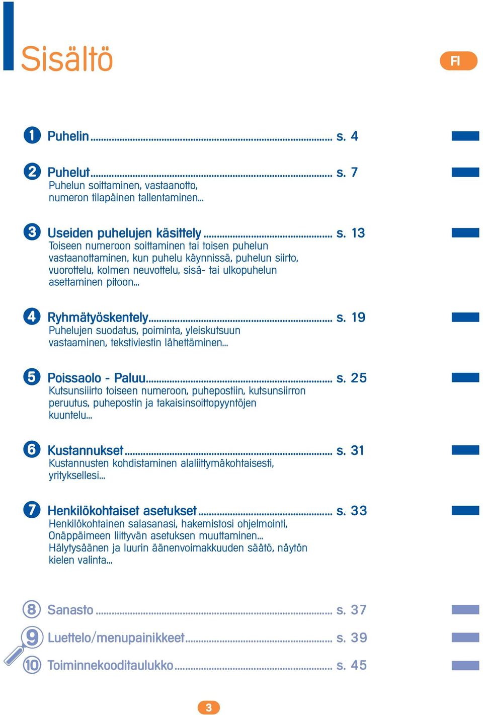 .. Ryhmätyöskentely... s. 19 Puhelujen suodatus, poiminta, yleiskutsuun vastaaminen, tekstiviestin lähettäminen... Poissaolo - Paluu... s. 25 Kutsunsiiirto toiseen numeroon, puhepostiin, kutsunsiirron peruutus, puhepostin ja takaisinsoittopyyntöjen kuuntelu.